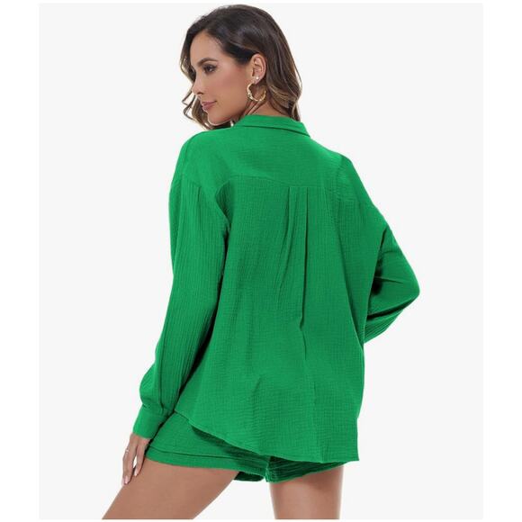 NWOT Amazon Two Piece Long Sleeve Button Down Shirt and Shorts Matching Set Lg - Picture 2 of 16